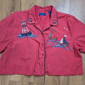 Karen Scott Sport Women's Casual Red Plaid Boating Bouy Button-up Shirt Size XL